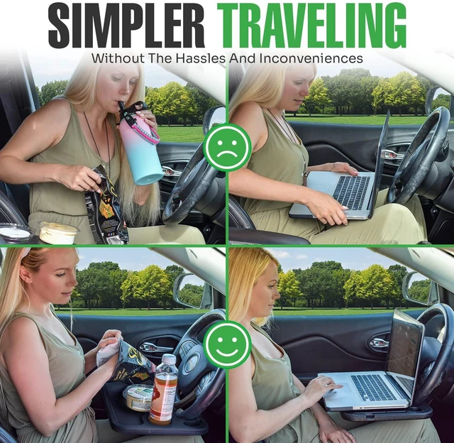Alt view image 6 of 7 - Steering Wheel Desk Tray for Eating, Laptops - Hooks Onto Most Vehicle Steering Wheels, Road Trip Accessory, Car Table