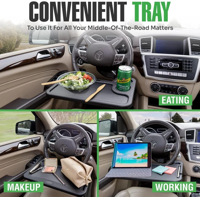 Alt view image 2 of 7 - Steering Wheel Desk Tray for Eating, Laptops - Hooks Onto Most Vehicle Steering Wheels, Road Trip Accessory, Car Table