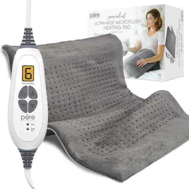 Main image of PureRelief Ultra-Wide Microplush Heating Pad - 20 x 24 XXL Size & 6 Heat Settings for Temporary Neck, Shoulder & Back Pain Relief - Moist Heat Option & Machine Washable (Gray)