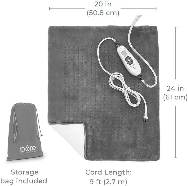 Alt view image 7 of 7 - PureRelief Ultra-Wide Microplush Heating Pad - 20 x 24 XXL Size & 6 Heat Settings for Temporary Neck, Shoulder & Back Pain Relief - Moist Heat Option & Machine Washable (Gray)