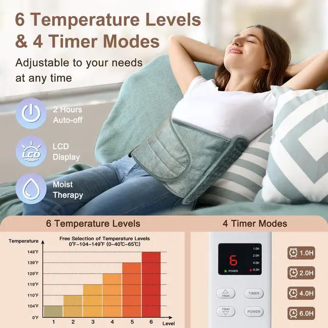 Alt view image 3 of 7 - Heating Pad for Back Pain Relief, Electric Heating Pad for Period Cramps Neck Shoulders with Belt, 4 Timer 6 Heat Setting & Auto Shut Off, 12"x24"+20" Large Moist Heat Pad for Mom,Dad