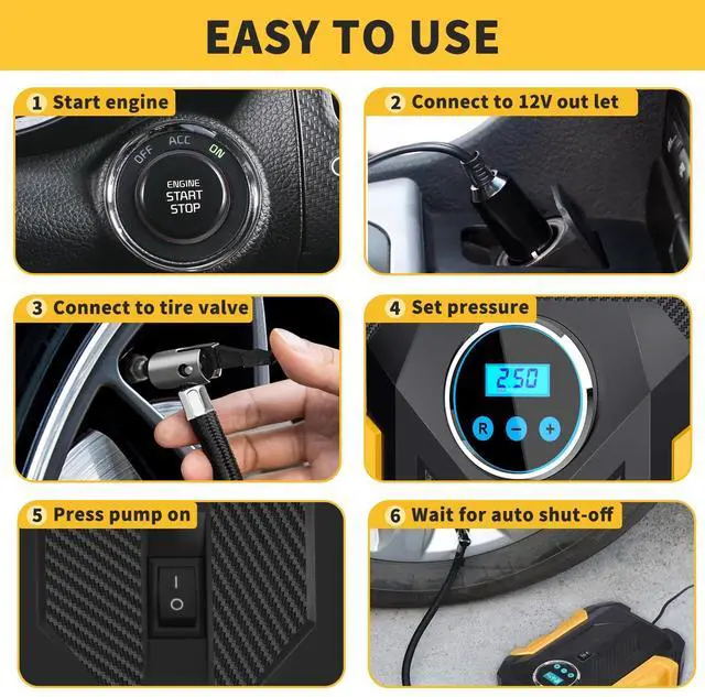 Alt view image 7 of 7 - _Mega Brand 12V DC Tire Inflator, 150PSI Auto Shut-off Air Pump for Car, Portable Tires Air Compressor with LED Light