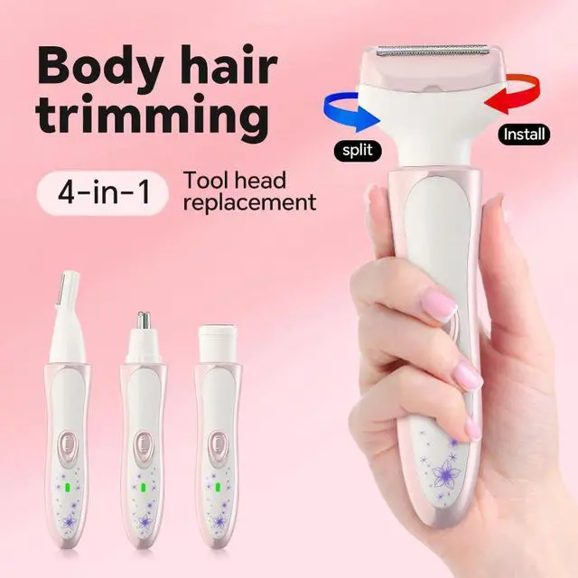 Alt view image 2 of 7 - _Mega Brand 4-in-1 Electric Razor for Women  Rechargeable Bikini Trimmer, Face Shaver & Eyebrow Groomer, Wet/Dry IPX5, USB-C Fast-Charge, Rose-Gold Travel Kit.