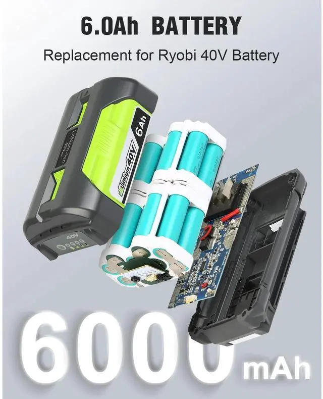 Alt view image 6 of 7 - _Mega Brand 6.0Ah OP4050A Replacement Battery for Ryobi 40V MAX Tools|OP4015 OP4040 OP40201 Compatible|Fade-Free Lithium-Ion Power|Lawn Mower,String Trimmer,Chainsaw,Leaf Blower,Snow Blower Use.