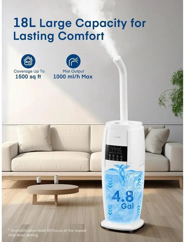 Alt view image 5 of 7 - _Mega Brand 4.8 Gal / 18 L Cool Mist Tower Humidifier  Large-Room Quiet Humidifier for Home, Plants, Commercial & Whole House up to 1,500 ft² | Smart Sensor, Remote, 5 Speeds, Easy Top-Fill, White.