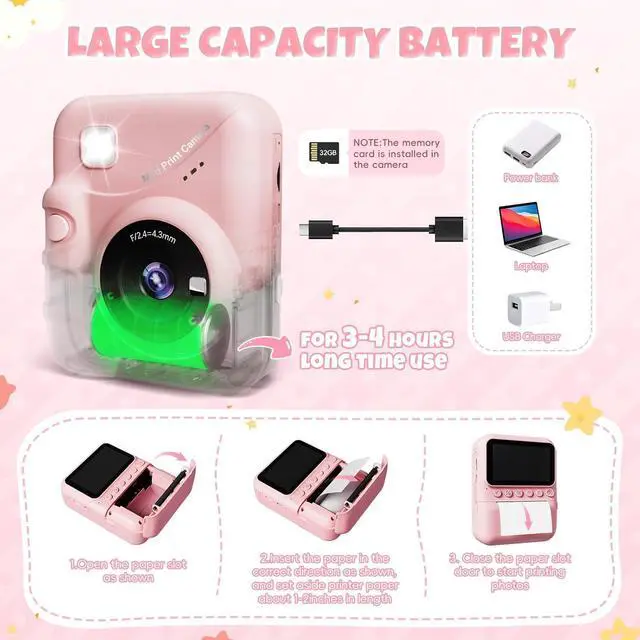 Alt view image 7 of 7 - _Mega Brand Kids Camera Instant Print  48MP Digital Camera with 3.0" IPS Screen, 1080P Video, 2×3" Zero-Ink Printer & 32GB Card  3-12 Year Old Girls & Boys Birthday/Christmas Gift (Pink).