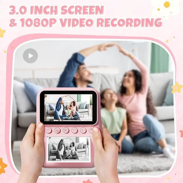 Alt view image 2 of 7 - _Mega Brand Kids Camera Instant Print  48MP Digital Camera with 3.0" IPS Screen, 1080P Video, 2×3" Zero-Ink Printer & 32GB Card  3-12 Year Old Girls & Boys Birthday/Christmas Gift (Pink).