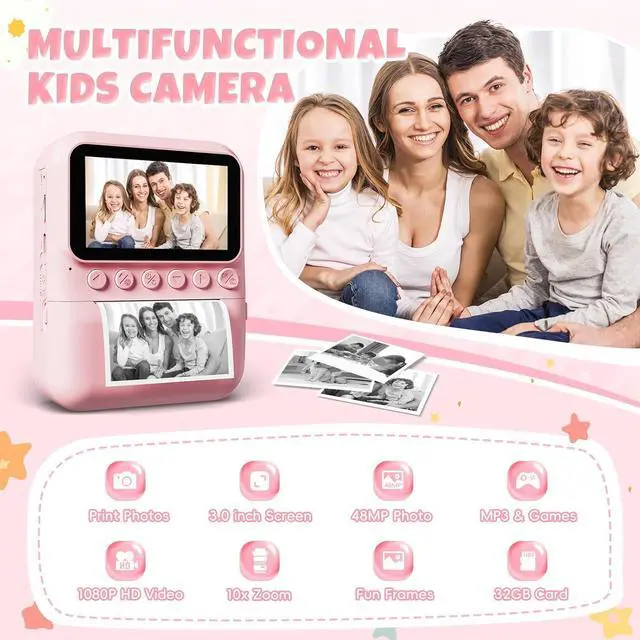 Alt view image 3 of 7 - _Mega Brand Kids Camera Instant Print  48MP Digital Camera with 3.0" IPS Screen, 1080P Video, 2×3" Zero-Ink Printer & 32GB Card  3-12 Year Old Girls & Boys Birthday/Christmas Gift (Pink).