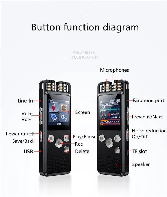 Alt view image 7 of 7 - Rendmmsn KP666 Professional Dictaphone Clear Voice-Activated Digital Recorder PCM Stereo Variable Speed Player Meeting Recording 128GB