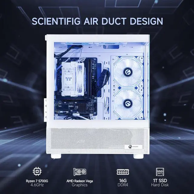Alt view image 2 of 7 - NINGMEI Gaming PC Desktop computer, AMD Ryzen 7 5700G 8 core 3.8GHz (4.6GHz Turbo Boost),  16GB DDR4 RAM 3200MHz, 1TB Gen4 SSD, 550W PSU, Game Design Office Platform, Wi-Fi, Windows 11 Prebuilt PC
