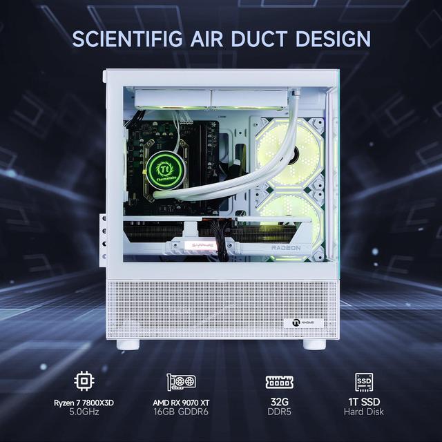 Alt view image 2 of 7 - NINGMEI Gaming PC Desktop, Ryzen 7 7800X3D 4.2 GHz (5GHz Turbo Boost), AMD RX 9070 XT 16GB GDDR6, 1TB Gen4 NVMe SSD, 32GB DDR5 RAM 6000 ,240mm ARGB AIO, 850W GOLD PSU, Wi-Fi, Win 11 Home