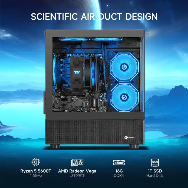 Alt view image 2 of 7 - NINGMEI Gaming PC Desktop computer, AMD Ryzen 5 5600GT 6 core 3.6GHz (4.6GHz Turbo Boost), 16GB DDR4 RAM 3200MHz, 1TB Gen4 SSD, 550W PSU, Game Design Office Platform, Wi-Fi, Windows 11 Prebuilt PC
