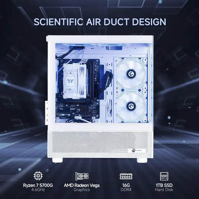 Alt view image 2 of 7 - NINGMEI Gaming PC Desktop computer, AMD Ryzen 7 5700G 8 core 3.8GHz (4.6GHz Turbo Boost),  16GB DDR4 RAM 3200MHz, 1TB Gen4 SSD, 550W PSU, Game Design Office Platform, Wi-Fi, Windows 11 Prebuilt PC