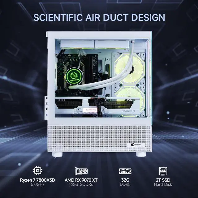 Alt view image 2 of 7 - NINGMEI Gaming PC Desktop, Ryzen 7 7800X3D 4.2 GHz (5GHz Turbo Boost), AMD RX 9070 XT 16GB GDDR6, 2TB Gen4 NVMe SSD, 32GB DDR5 RAM 6000 ,240mm ARGB AIO, 850W GOLD PSU, Wi-Fi, Win 11 Home