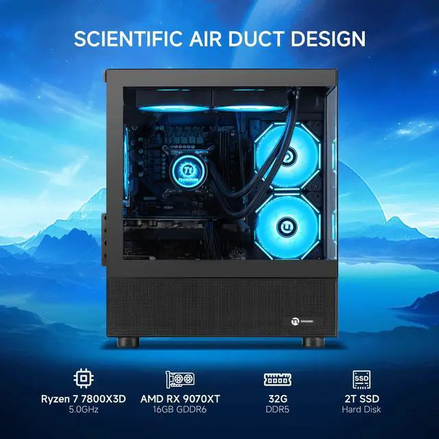 Alt view image 2 of 7 - NINGMEI Gaming PC Desktop, Ryzen 7 7800X3D 4.2 GHz (5GHz Turbo Boost), AMD RX 9070 XT 16GB GDDR6, 2TB Gen4 NVMe SSD, 32GB DDR5 RAM 6000 ,240mm ARGB AIO, 850W GOLD PSU, Wi-Fi, Win 11 Home,Black