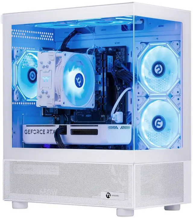 NINGMEI Gaming PC Desktop, AMD Ryzen 7 9700X 8 core 3.8GHz(up to 5.5GHz), NVIDIA RTX 5060 8GB GDDR7, 1TB Gen4 NVMe SSD, 32GB 6000Mhz DDR5 RAM, 650W PSU, Wi-Fi, Win 11 HOME,Prebuilt Gaming PC, White