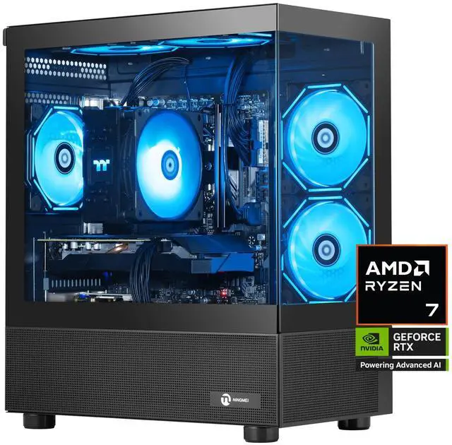 NINGMEI Gaming PC Desktop, AMD Ryzen 7 9700X 8 core 3.8GHz(up to 5.5GHz), NVIDIA RTX 5060 8GB GDDR7, 1TB Gen4 NVMe SSD, 32GB 6000Mhz DDR5 RAM, 650W PSU, Wi-Fi, Win 11 HOME,Prebuilt Gaming PC, Black