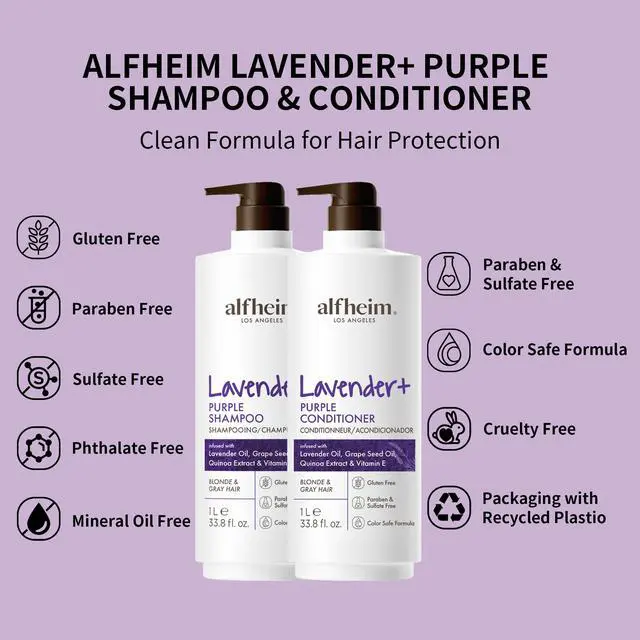 Alt view image 3 of 7 - Alfheim Lavender+ Purple Shampoo & Conditioner Set | Neutralize Brassiness & Enhance Cool Tone for Platinum, Silver & Blonde Hair | Anti Brass While Hydrating | Paraben-Free, Color-Safe | 33.8 oz Each