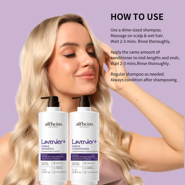Alt view image 4 of 7 - Alfheim Lavender+ Purple Shampoo & Conditioner Set | Neutralize Brassiness & Enhance Cool Tone for Platinum, Silver & Blonde Hair | Anti Brass While Hydrating | Paraben-Free, Color-Safe | 33.8 oz Each