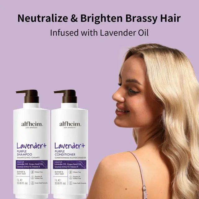 Alt view image 5 of 7 - Alfheim Lavender+ Purple Shampoo & Conditioner Set | Neutralize Brassiness & Enhance Cool Tone for Platinum, Silver & Blonde Hair | Anti Brass While Hydrating | Paraben-Free, Color-Safe | 33.8 oz Each