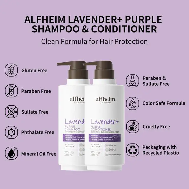 Alt view image 3 of 7 - Alfheim Lavender+ Purple Shampoo & Conditioner Set | Anti-Brass & Color-Correcting for Blonde, Platinum & Gray Hair | Hydrating & Nourishing | Enhances Shine & Softness | 18 oz Each