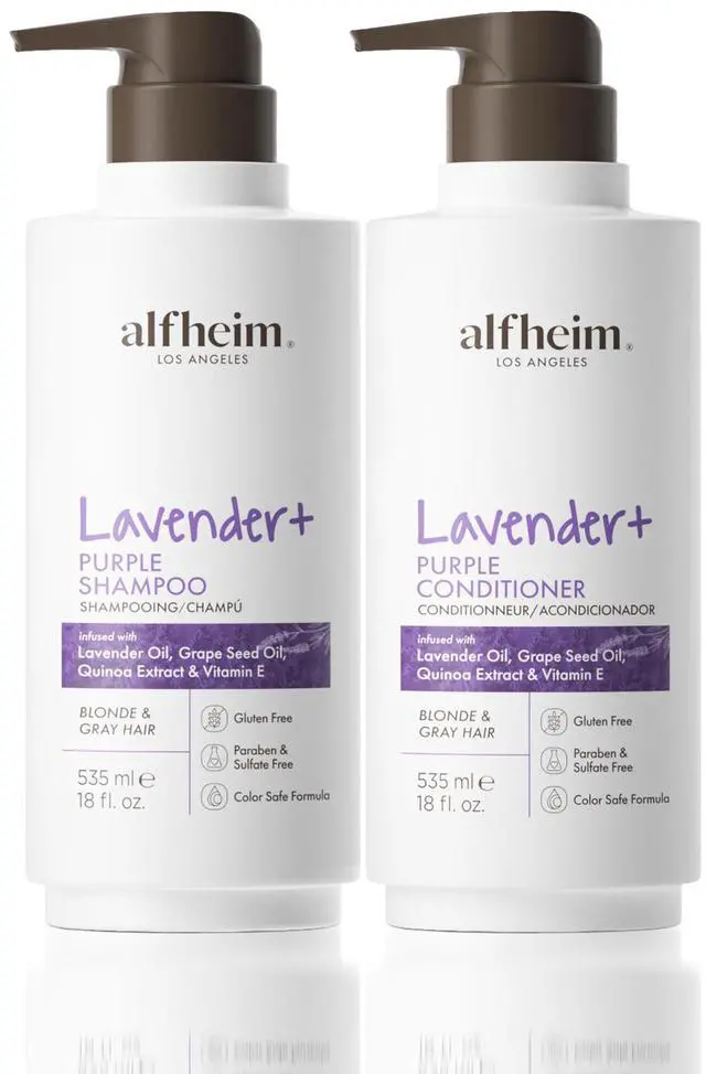 Main image of Alfheim Lavender+ Purple Shampoo & Conditioner Set | Anti-Brass & Color-Correcting for Blonde, Platinum & Gray Hair | Hydrating & Nourishing | Enhances Shine & Softness | 18 oz Each