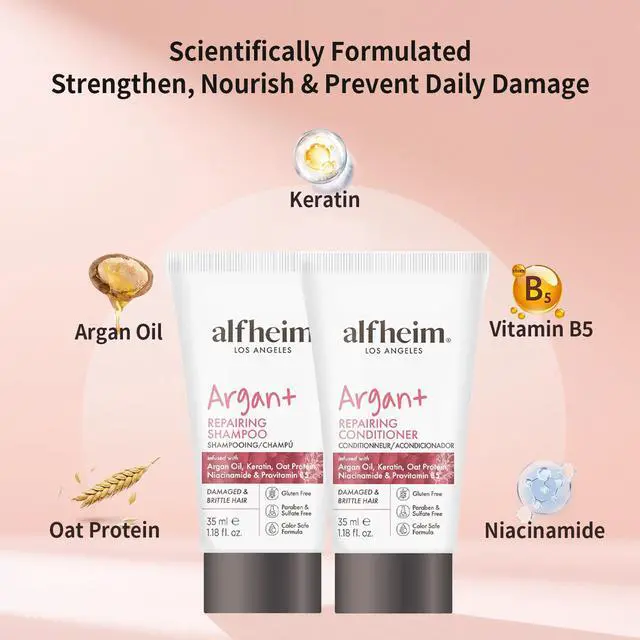Alt view image 2 of 6 - ALFHEIM Argan Repairing Shampoo & Conditioner Travel Set | Sulfate-Free&Paraben-Free | Argan Oil, Keratin & Niacinamide for Dry, Damaged, Color-Treated Hair | Hydrating, Strengthening & Anti-Frizz