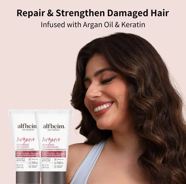 Alt view image 4 of 6 - ALFHEIM Argan Repairing Shampoo & Conditioner Travel Set | Sulfate-Free&Paraben-Free | Argan Oil, Keratin & Niacinamide for Dry, Damaged, Color-Treated Hair | Hydrating, Strengthening & Anti-Frizz