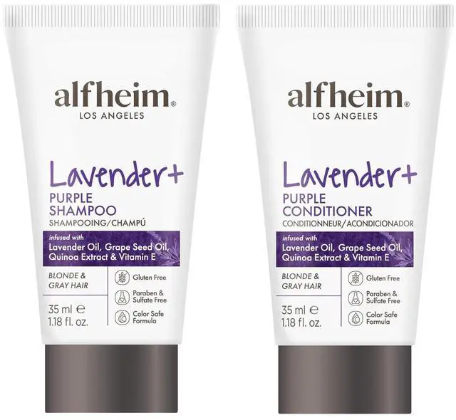 Main image of ALFHEIM Lavender+ Purple Shampoo & Conditioner Travel Set | Tone-Correcting for Blonde, Silver & Gray Hair | Neutralizes Brass & Yellow Tones | Moisturizes, Protects Color & Adds Shine | 1.18oz*2