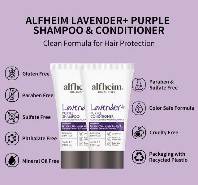 Alt view image 4 of 7 - ALFHEIM Lavender+ Purple Shampoo & Conditioner Travel Set | Tone-Correcting for Blonde, Silver & Gray Hair | Neutralizes Brass & Yellow Tones | Moisturizes, Protects Color & Adds Shine | 1.18oz*2