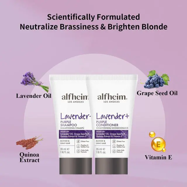 Alt view image 3 of 7 - ALFHEIM Lavender+ Purple Shampoo & Conditioner Travel Set | Tone-Correcting for Blonde, Silver & Gray Hair | Neutralizes Brass & Yellow Tones | Moisturizes, Protects Color & Adds Shine | 1.18oz*2