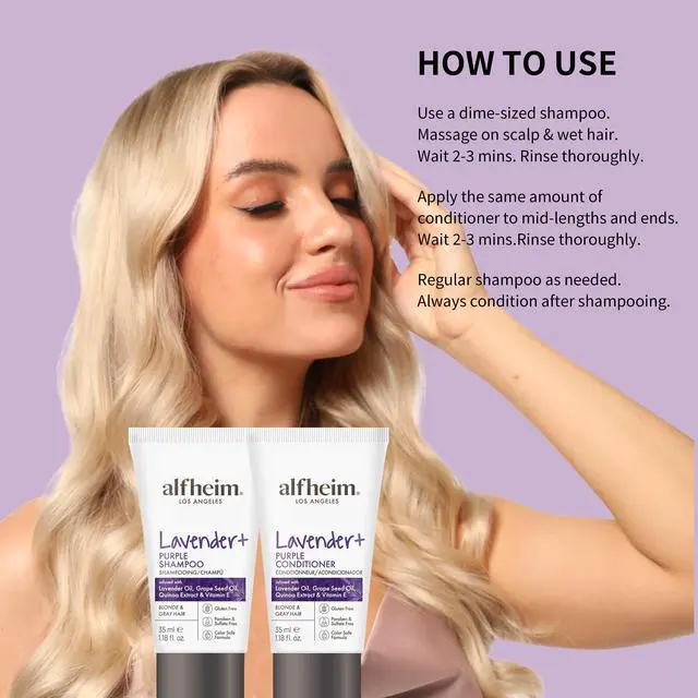 Alt view image 5 of 7 - ALFHEIM Lavender+ Purple Shampoo & Conditioner Travel Set | Tone-Correcting for Blonde, Silver & Gray Hair | Neutralizes Brass & Yellow Tones | Moisturizes, Protects Color & Adds Shine | 1.18oz*2