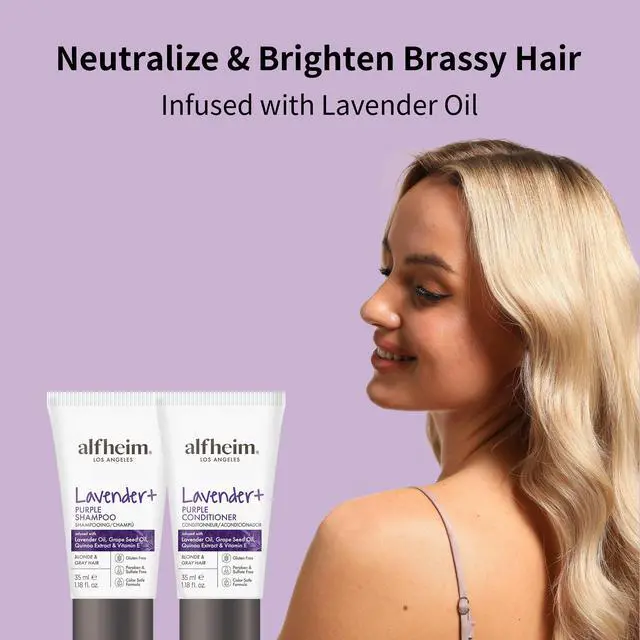 Alt view image 7 of 7 - ALFHEIM Lavender+ Purple Shampoo & Conditioner Travel Set | Tone-Correcting for Blonde, Silver & Gray Hair | Neutralizes Brass & Yellow Tones | Moisturizes, Protects Color & Adds Shine | 1.18oz*2