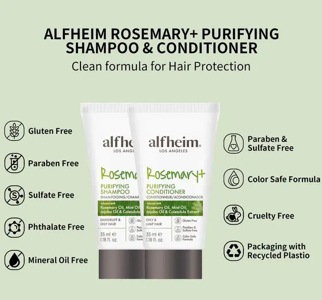 Alt view image 3 of 7 - ALFHEIM Rosemary+ Purifying Shampoo & Conditioner Travel Set | Peppermint Oil for Scalp Refresh & Oil Control | Jojoba & Calendula for Hydration & Shine | Sulfate-Free, Color-Safe | 1.18oz*2
