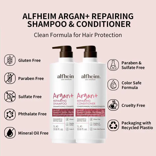 Alt view image 2 of 6 - Alfheim Argan Repairing Shampoo & Conditioner Set | Sulfate-Free for Dry & Damaged Hair | Argan Oil, Keratin & Niacinamide Infused to Strengthen & Moisturize, Reduce Breakage & Anti-Frizz | 33.8oz*2