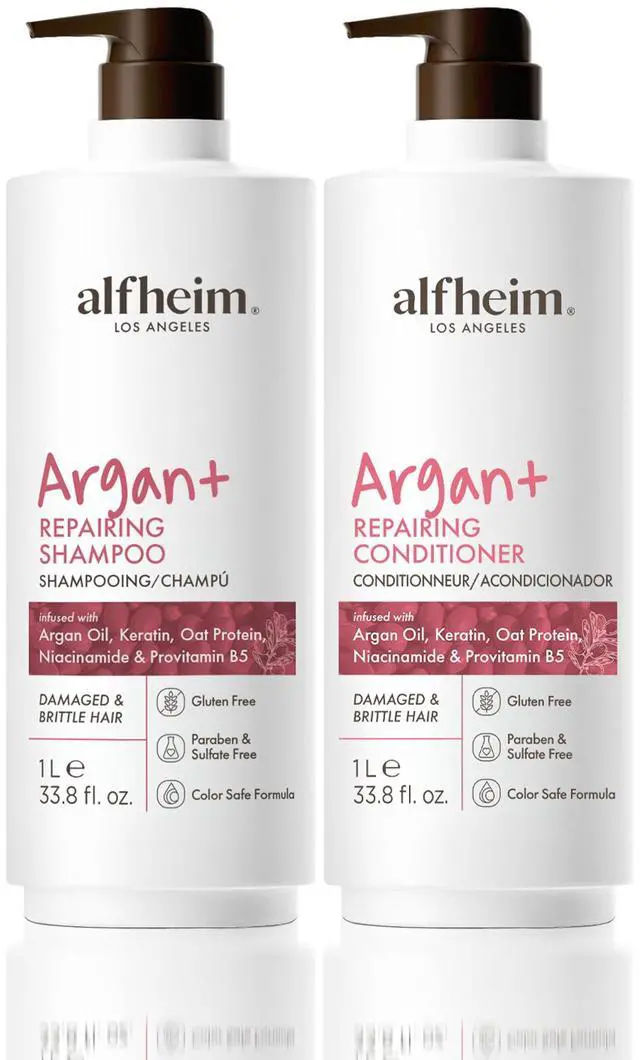 Main image of Alfheim Argan Repairing Shampoo & Conditioner Set | Sulfate-Free for Dry & Damaged Hair | Argan Oil, Keratin & Niacinamide Infused to Strengthen & Moisturize, Reduce Breakage & Anti-Frizz | 33.8oz*2