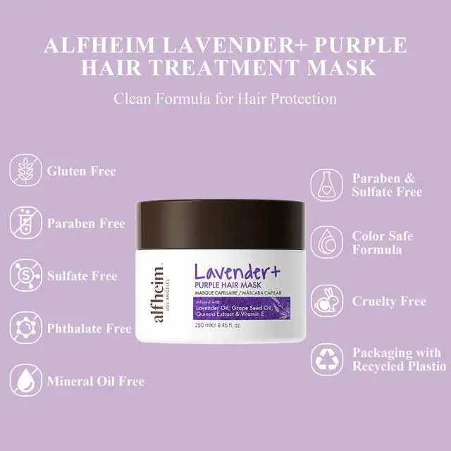 Alt view image 5 of 7 - ALFHEIM Lavender Purple Hair Mask | Neutralizes Brass & Yellow Tones | Deep Moisturizing & Repairing for Blonde, Bleached & Silver Hair | Infused with Lavender Oil, Grape Seed Oil & Vitamin E 8.45 oz