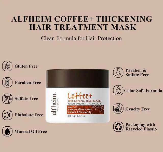 Alt view image 3 of 7 - Alfheim Coffee+ Thickening Hair Mask | Biotin & Caffeine for Fine & Thinning Hair | Deep Conditioning & Strengthening Treatment | Moisturizes, Repairs & Adds Volume | Sulfate-Free & Color-Safe 8.45 oz
