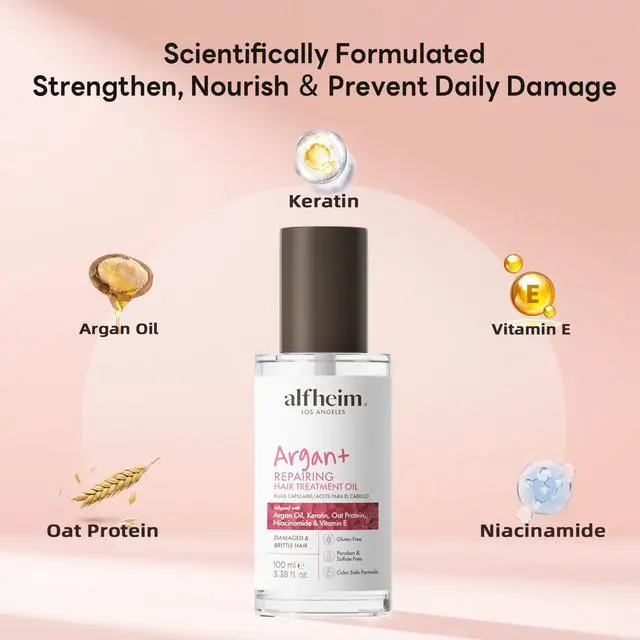 Alt view image 2 of 7 - ALFHEIM Argan Repairing Hair Oil | Restores Strength & Shine Protects Against Environmental | Damage Lightweight Nourishment for Damaged & Color-Treated Hair | Paraben & Sulfate-Free | 3.38 fl.oz