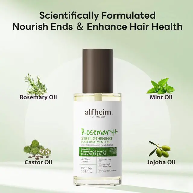 Alt view image 2 of 7 - Alfheim Rosemary+ Pre-Wash Hair Treatment Oil | Botanical Blend with Castor & Grape Seed Oils | Scalp Nourishment & Hair Protection | Lightweight, Non-Greasy | For Dry Scalp, Thinning Hair | 100ml