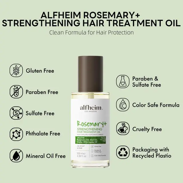 Alt view image 7 of 7 - Alfheim Rosemary+ Pre-Wash Hair Treatment Oil | Botanical Blend with Castor & Grape Seed Oils | Scalp Nourishment & Hair Protection | Lightweight, Non-Greasy | For Dry Scalp, Thinning Hair | 100ml