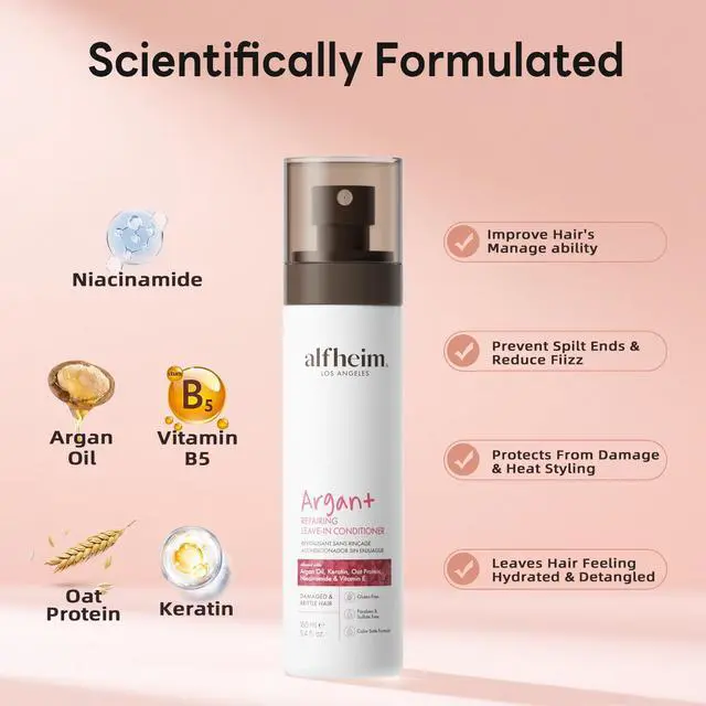 Alt view image 2 of 7 - ALFHEIM Argan+ Repairing Leave-In Conditioner | Lightweight Hair Detangler & Anti-Frizz Spray | Moisturizing & Nourishing with Argan Oil, Keratin, Niacinamide | For Dry, Damaged, Frizzy Hair | 5.4 oz