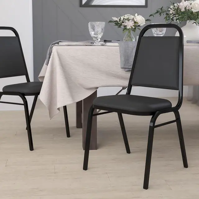 Alt view image 2 of 6 - Hercules Trapezoidal Back Stackable Banquet Chair, Black | Black Frame, Vinyl Upholstery