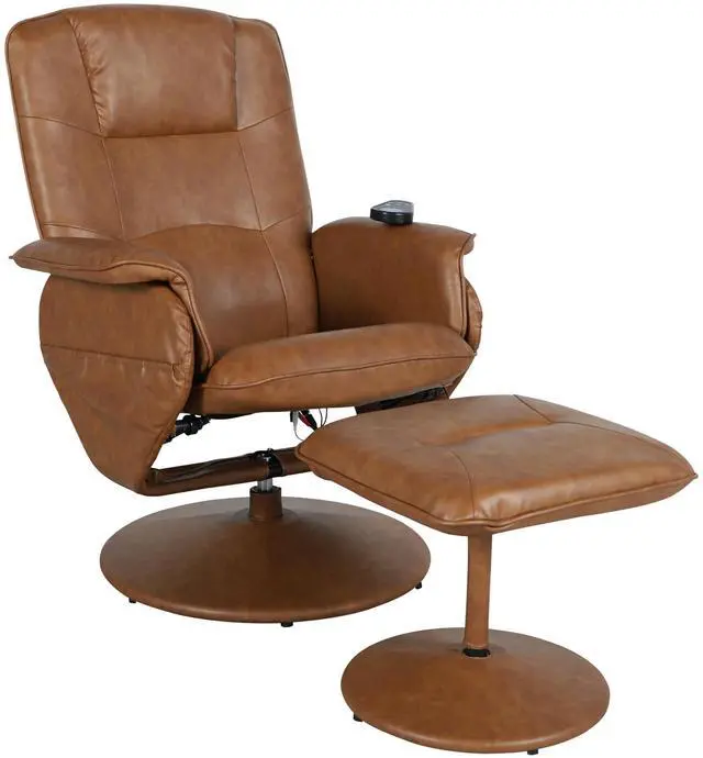 Alt view image 2 of 7 - Flash Furniture Cason Massaging Adjustable Recliner with Deep Side Pockets and Ottoman with Wrapped Base in Brown LeatherSoft