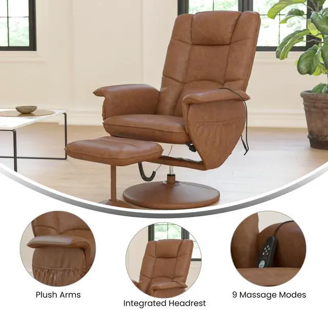 Alt view image 4 of 7 - Flash Furniture Cason Massaging Adjustable Recliner with Deep Side Pockets and Ottoman with Wrapped Base in Brown LeatherSoft