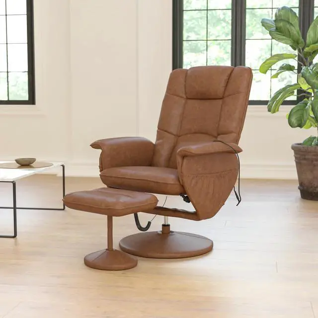 Alt view image 3 of 7 - Flash Furniture Cason Massaging Adjustable Recliner with Deep Side Pockets and Ottoman with Wrapped Base in Brown LeatherSoft