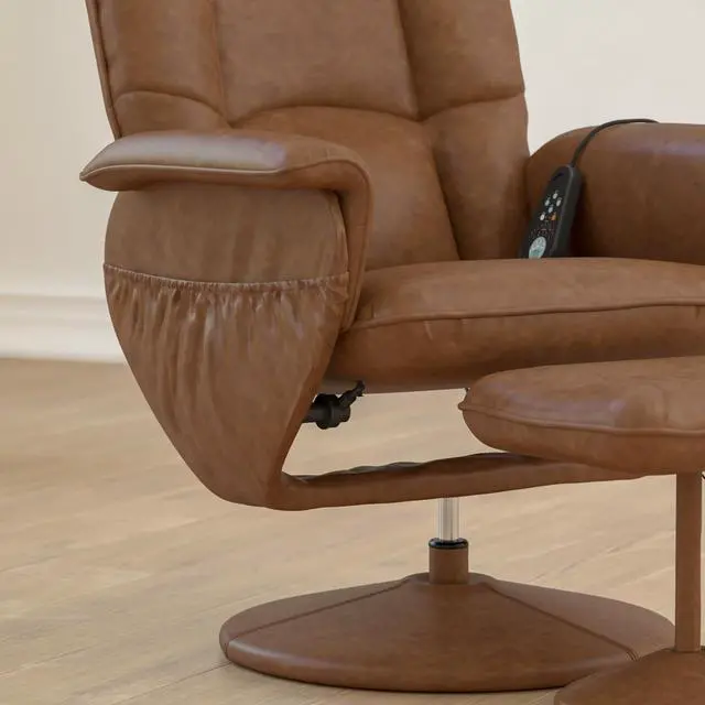 Alt view image 6 of 7 - Flash Furniture Cason Massaging Adjustable Recliner with Deep Side Pockets and Ottoman with Wrapped Base in Brown LeatherSoft