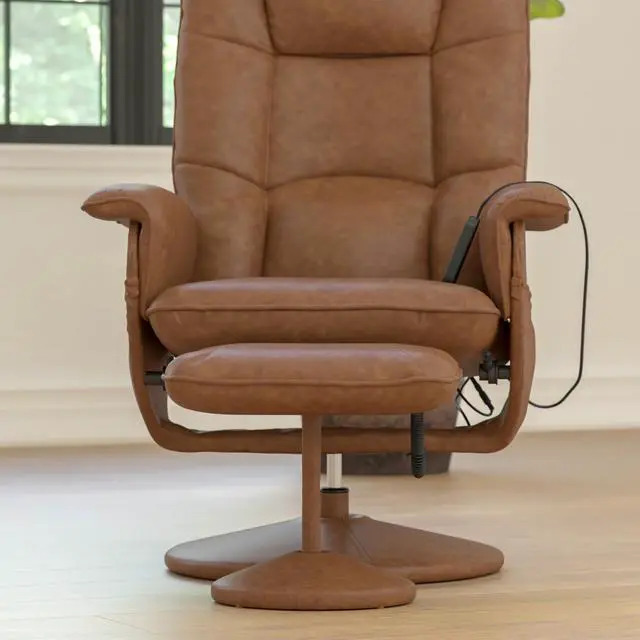 Alt view image 7 of 7 - Flash Furniture Cason Massaging Adjustable Recliner with Deep Side Pockets and Ottoman with Wrapped Base in Brown LeatherSoft