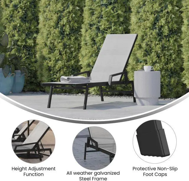 Alt view image 11 of 14 - Flash Furniture Brazos Adjustable Chaise Lounge Chair with Arms Gray/Black (JJLC323BKGY)