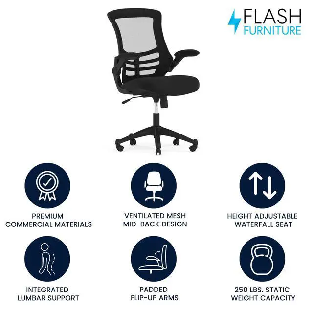 Alt view image 2 of 7 - Kelista Mid-Back Swivel Office Chair with Adjustable Seat Height, Ergonomic Mesh Desk Chair with Flip-Up Armrests, Black